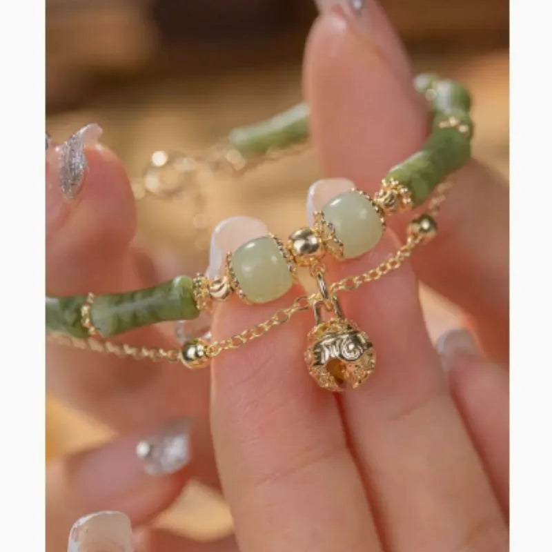 Women's Hetian jade bamboo bracelet on wrist, adjustable 15+3 cm, natural stone geometric design