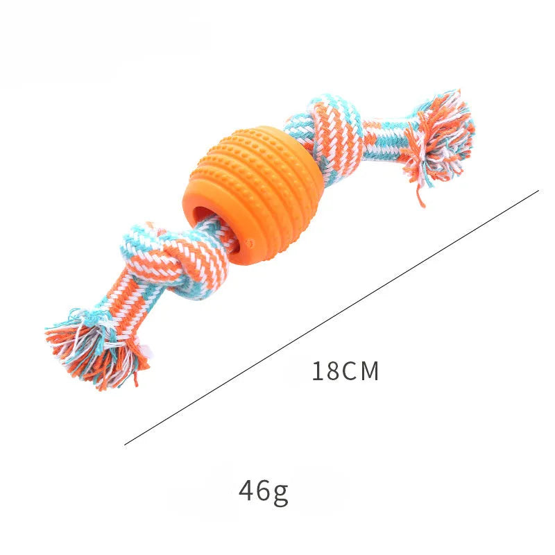 Blue dog chew toy with molar shape and attached rope for dental care.
