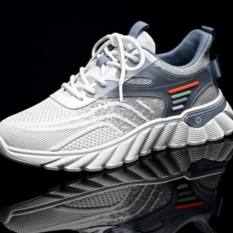 Men's white blue and black platform casual sneakers with mesh upper and cross shoulder straps