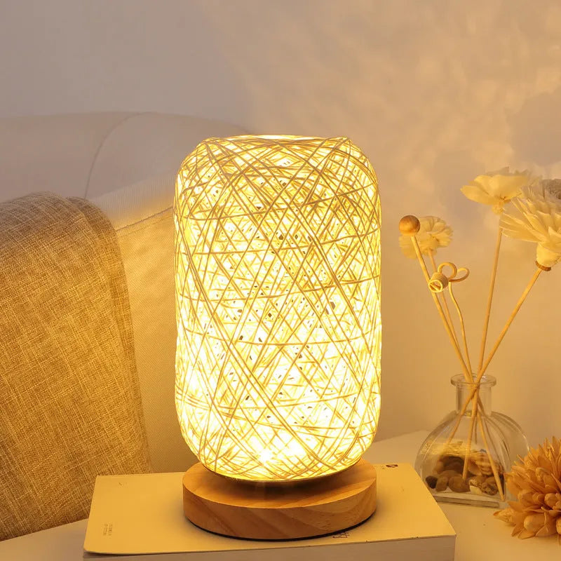 Sepak Takraw twine desk lamp with hemp rope shade and solid wood base