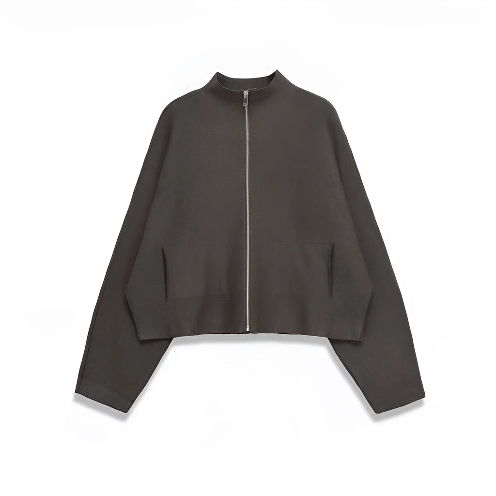 Women's stand collar zipper knitted coat with contrast stripes in a casual style