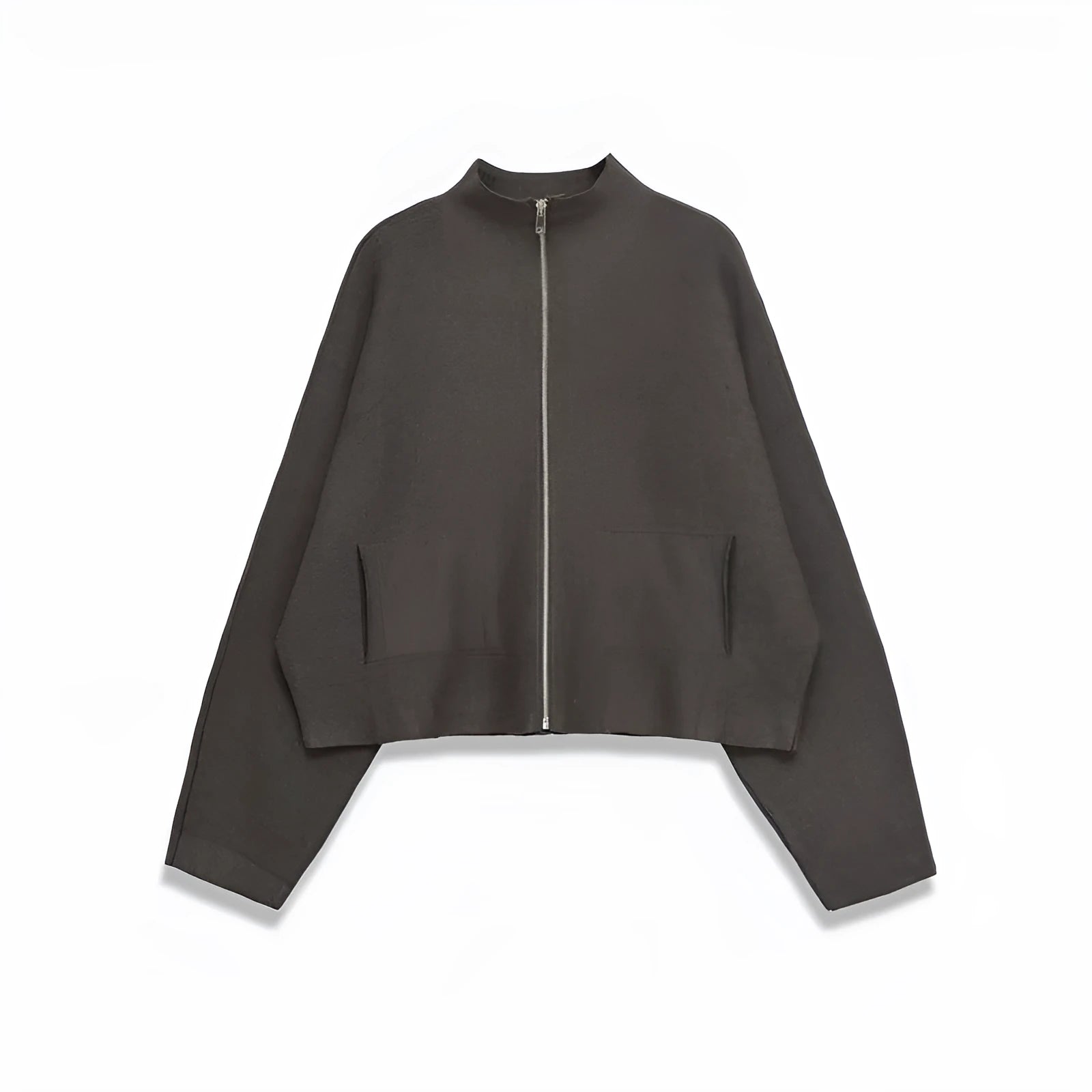 Women's stand collar zipper knitted coat with contrast stripes in a casual style