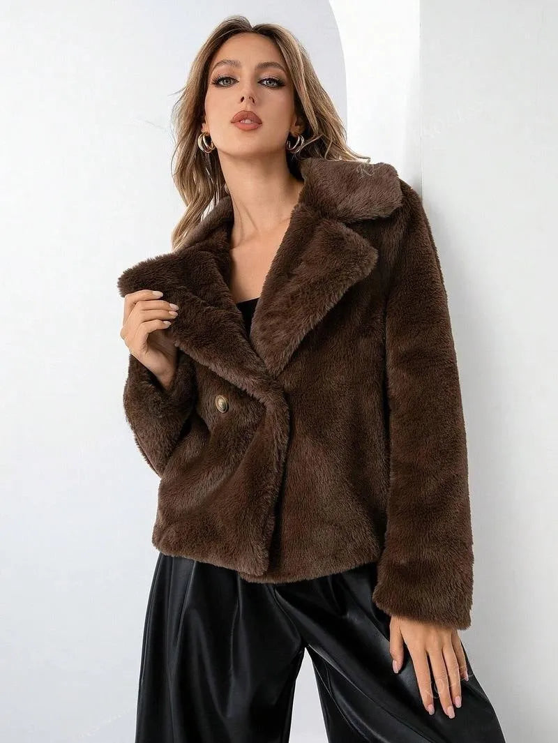 Women's faux fur coat in rose red with regular sleeves and loose fit