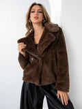 Women's faux fur coat in rose red with regular sleeves and loose fit