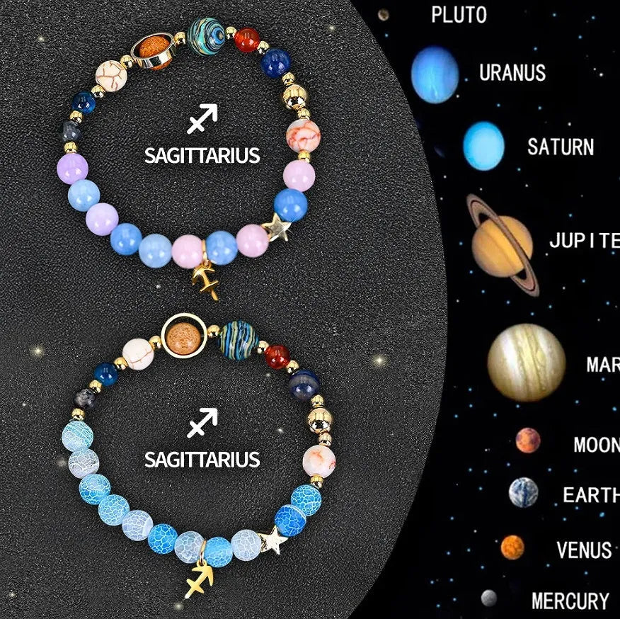 Set of twelve natural stone beaded bracelets, each with a different zodiac sign charm.