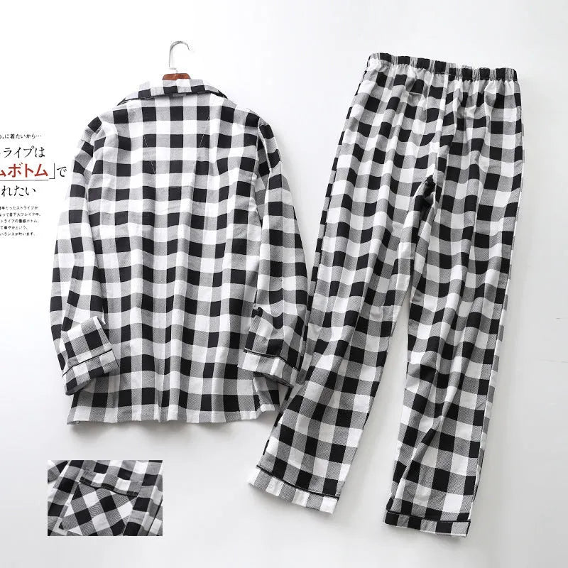Men's cotton printed long-sleeved pyjama set with cardigan top and trousers in black and white grid
