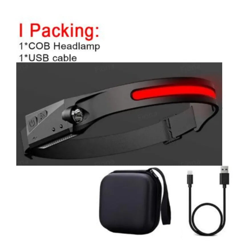 COB LED induction headlamp with wide beam and side LED for long-distance lighting, USB rechargeable, silicone build