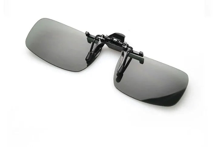 Myopia sunglasses clip in PC material for driving, shown in dark green, grey, and night vision lens options.