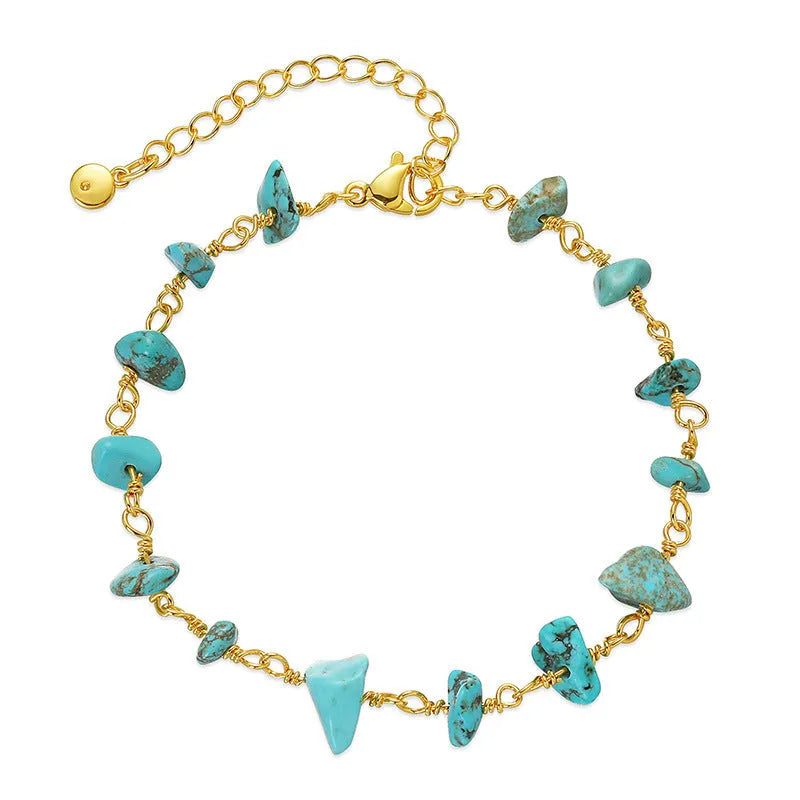 Women's natural gravel turquoise bracelet with geometric design and crystal accents on 18k copper