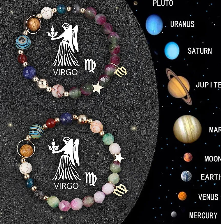 Natural stone beaded bracelets showing zodiac sign designs for complete astrological collection