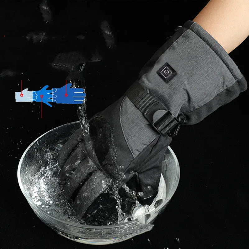 Men's and women's black nylon outdoor cycling heated gloves with batteries and charging cable