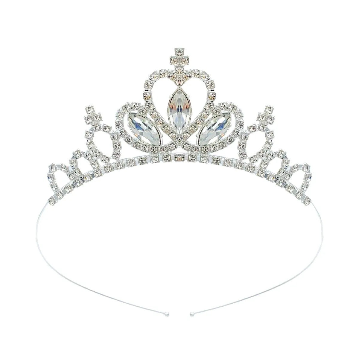 Gold and silver electroplated alloy princess crown headdress for girls with coloured diamond embellishments.