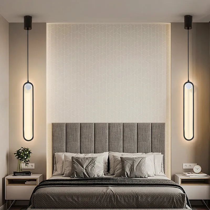 Nordic minimalist oval bedside chandelier with LED light, black finish, aluminium alloy and iron construction