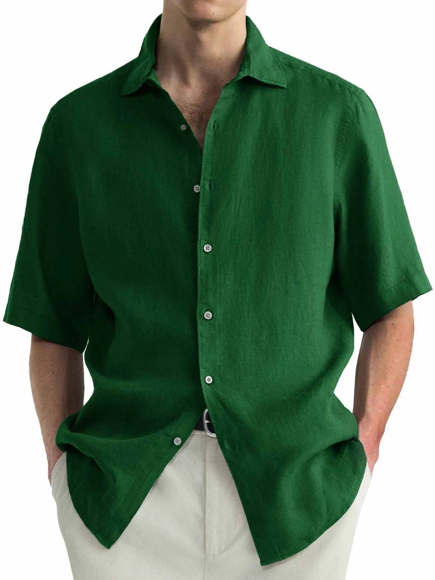 Green men's casual cotton cardigan-style shirt shown in regular fit