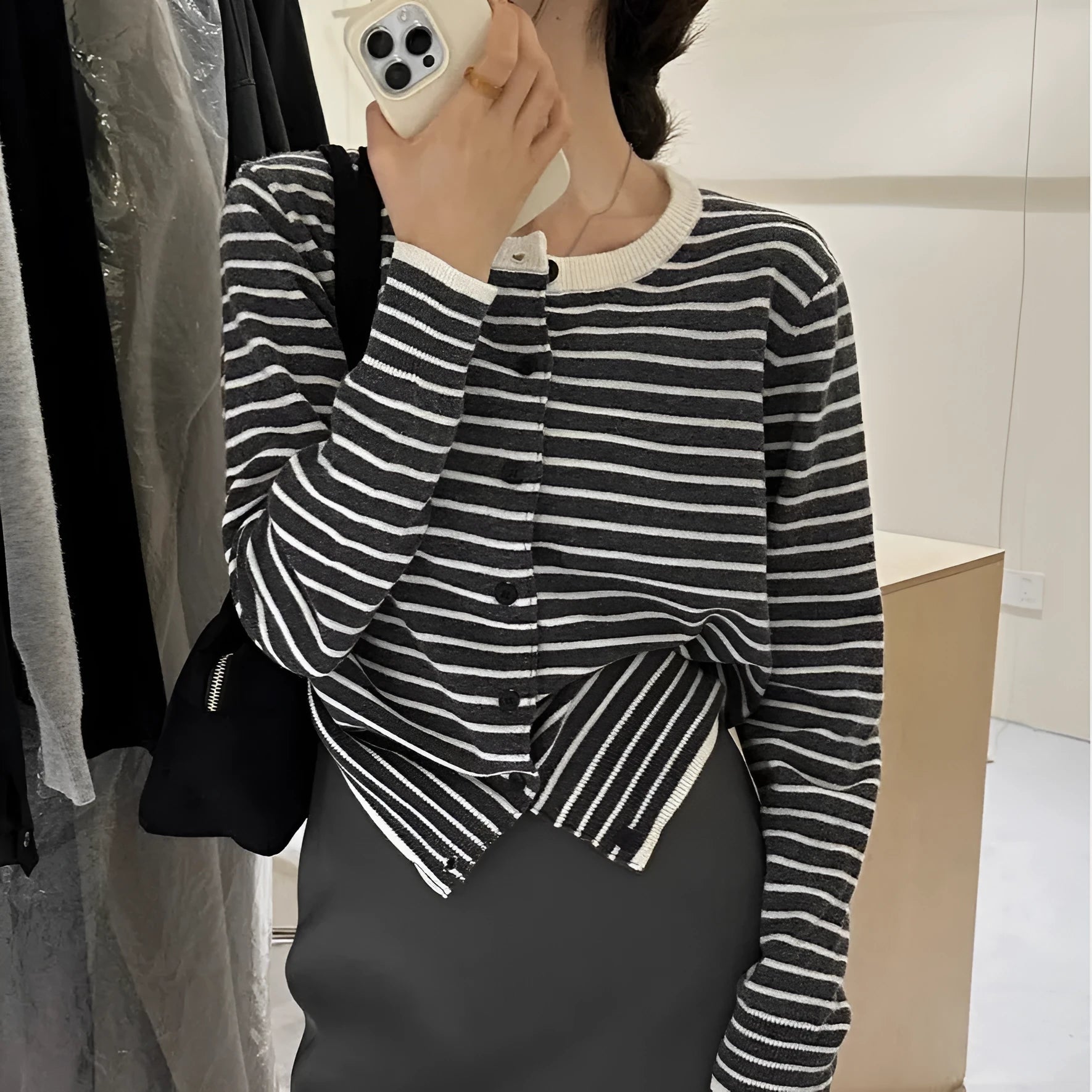 French style women's striped cardigan coat in dark grey and white, 40cm length slim fit