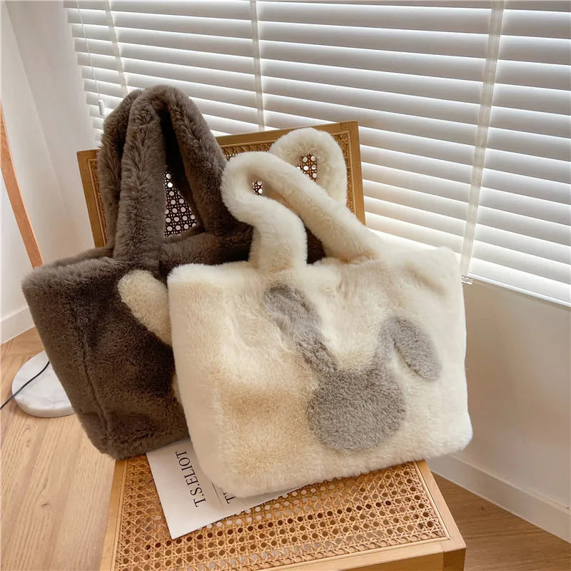 Plush shoulder bag with cartoon rabbit ears design in six colour options
