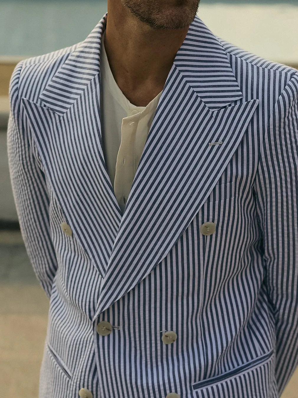 Blue and white striped polyester suit set with blazer and trousers for daily wear
