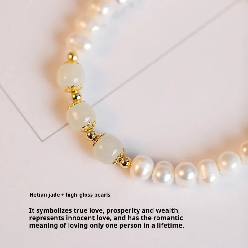 Natural freshwater pearl bracelet with diamond-shaped pearls in Korean style design showing Hetian jade colour options
