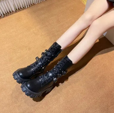 Women's black mid-calf knight boots with metal buckles and side zipper