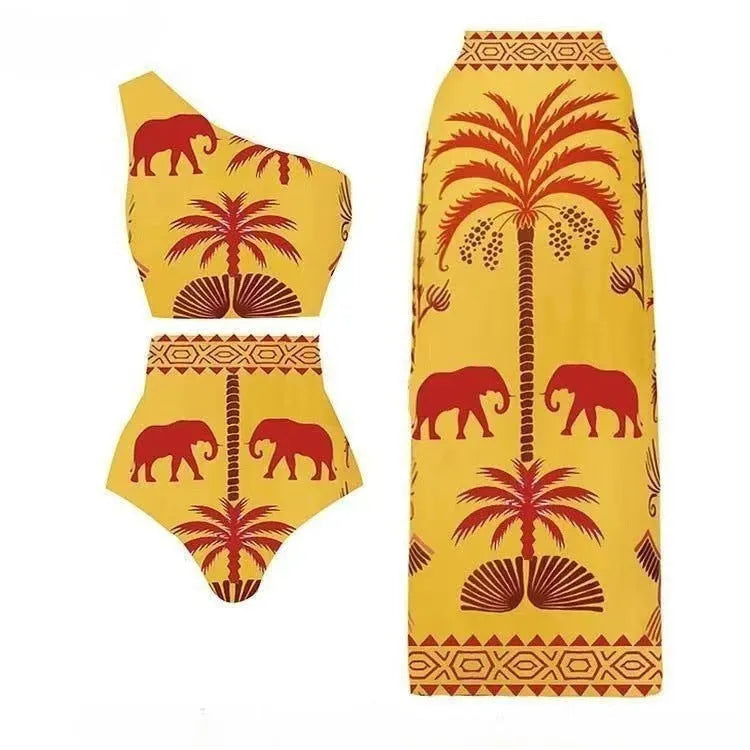 Women's black and yellow one-piece swimsuit with bird print, slit, and one-shoulder style options.