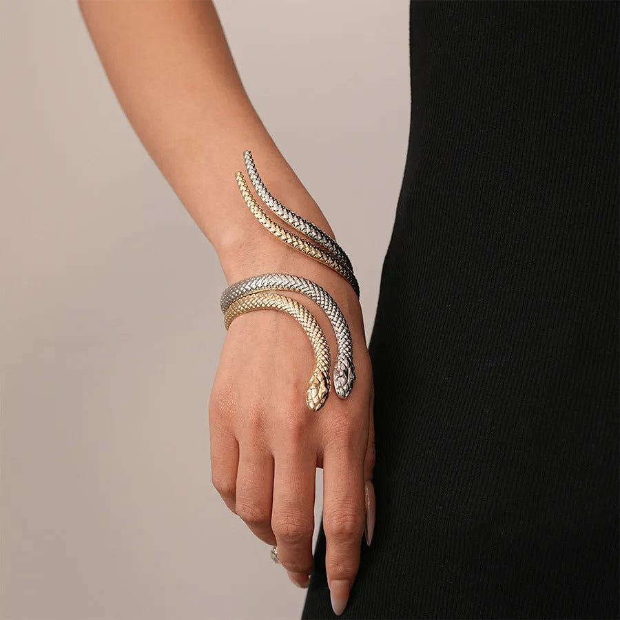 Gold and silver exaggerated twisted winding snake design bracelet and ring two-piece jewellery set