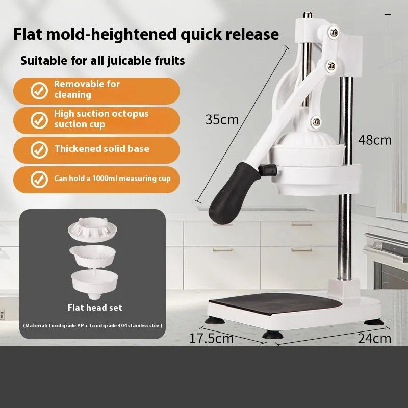 Manual stainless steel citrus juicer with 480mm long pressing arm on a countertop.