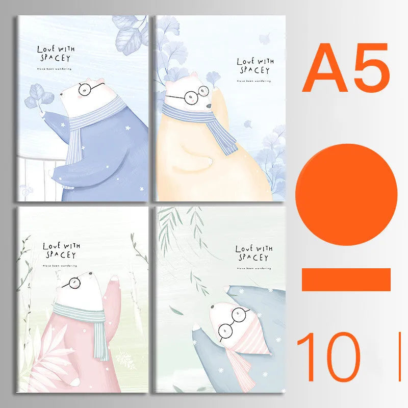 Bundle of ten soft-cover kraft paper notebooks with thread binding in various animal and nature designs.