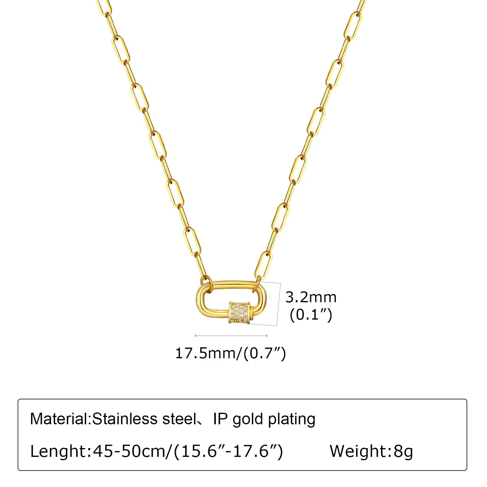 Small square chain stainless steel pendant necklace with oval zircon stone in gold colour finish