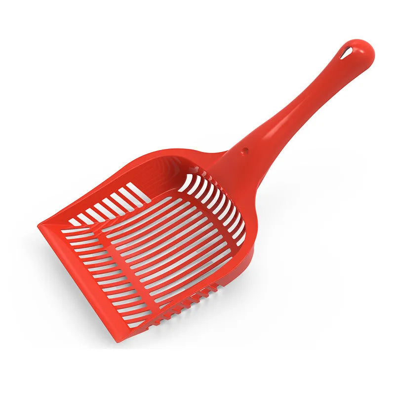Red, yellow, and blue plastic cat litter scoops in small and medium sizes for pet toilet cleaning