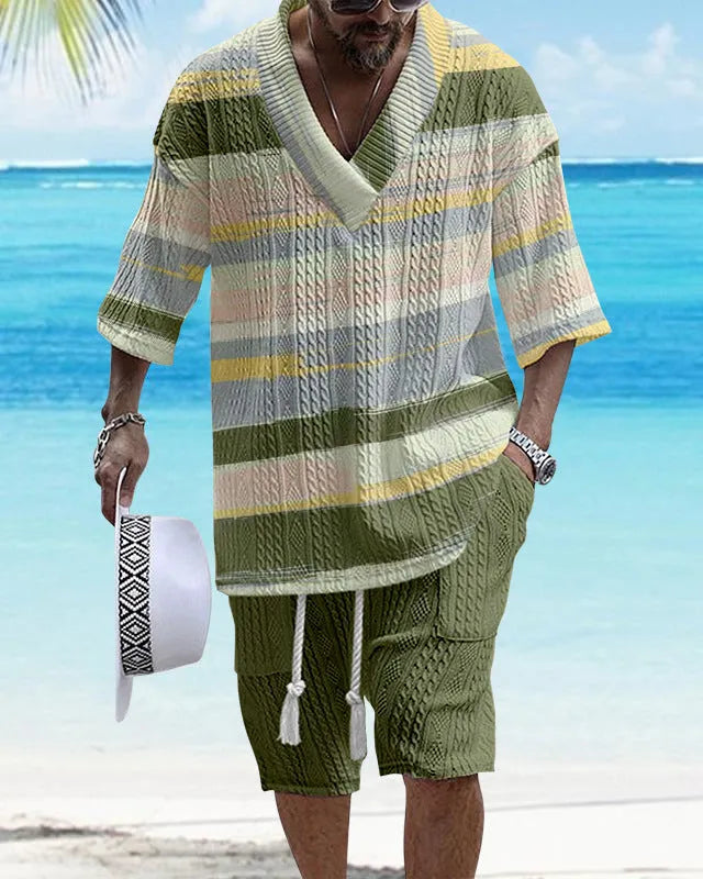 Men's loose casual short sleeve suit with matching shorts in polyester fabric