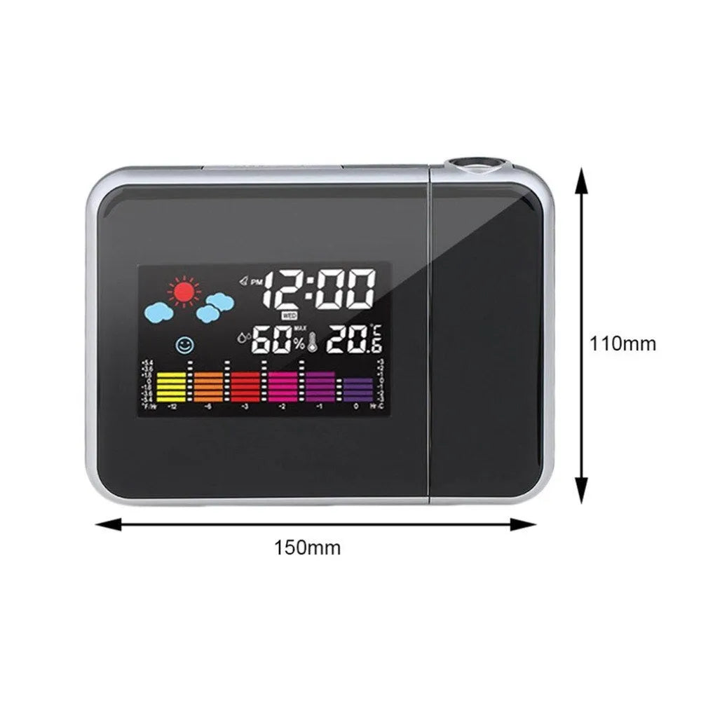 Black digital projection alarm clock with thermometer and hygrometer on bedside table