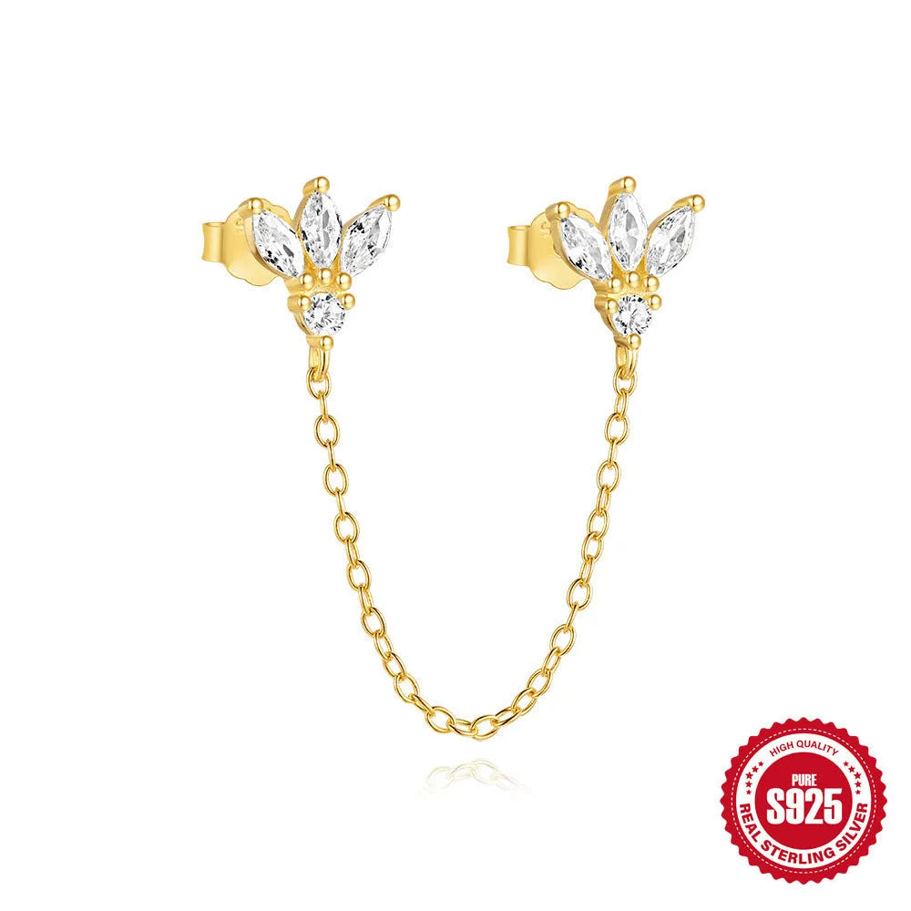 Golden geometric S925 sterling silver stud earrings with zircon inlays, showing clover, crown, and chain horse eye designs.