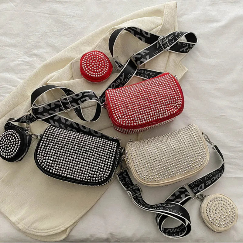 Rhinestone shoulder bag with small purse in black red white Oxford cloth dumpling shape
