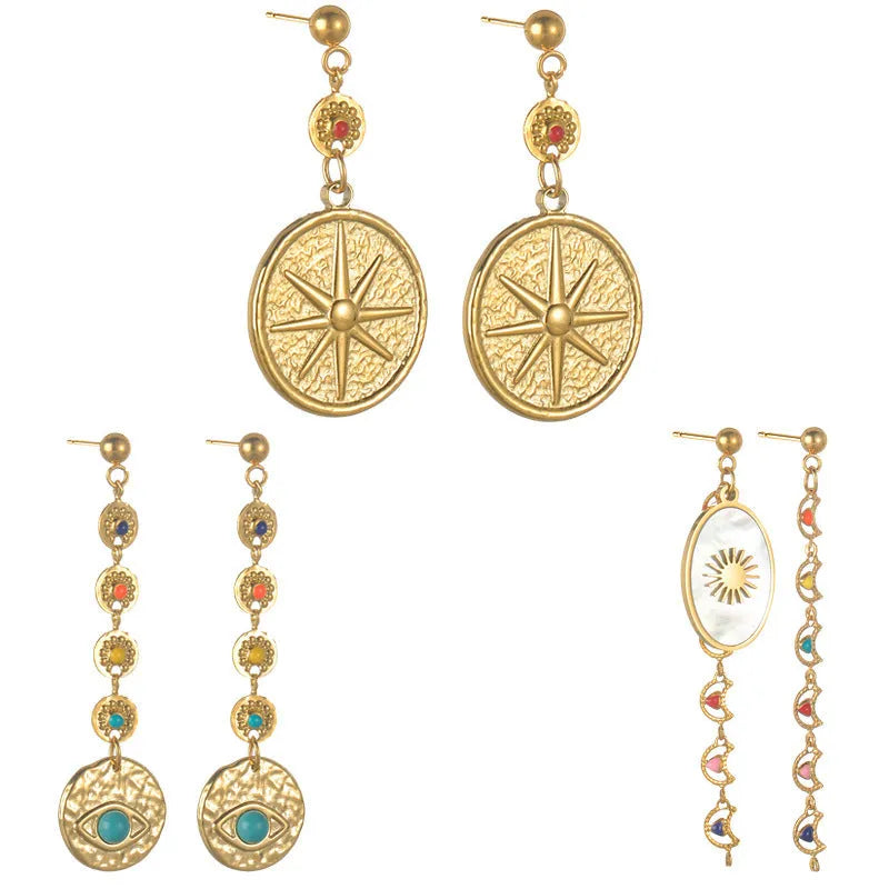 Geometric stainless steel earrings available in Eight Awn Star, Eye, and Shell Sun designs.