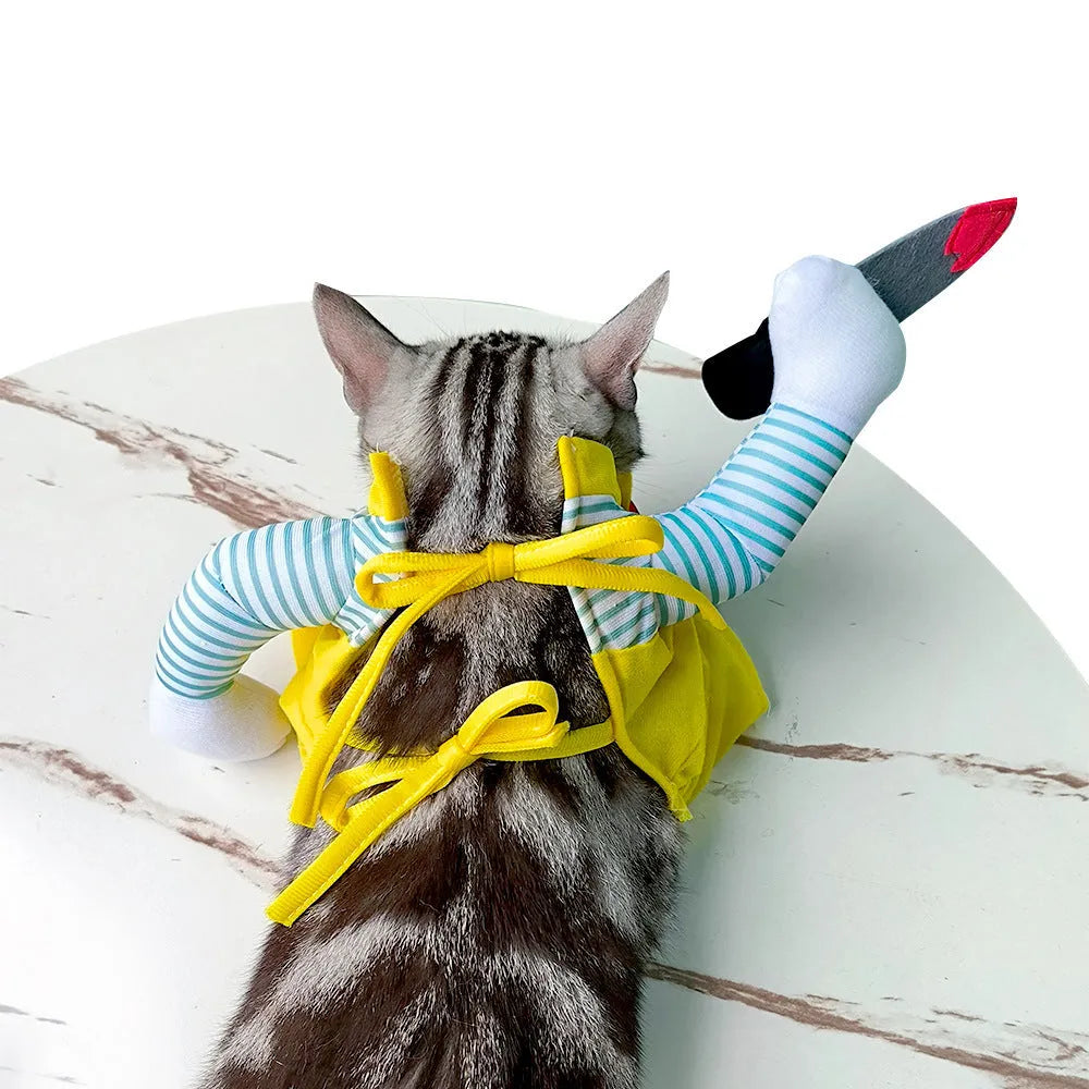 Yellow assassin themed cat costume clothing with sword motif on polyester fabric