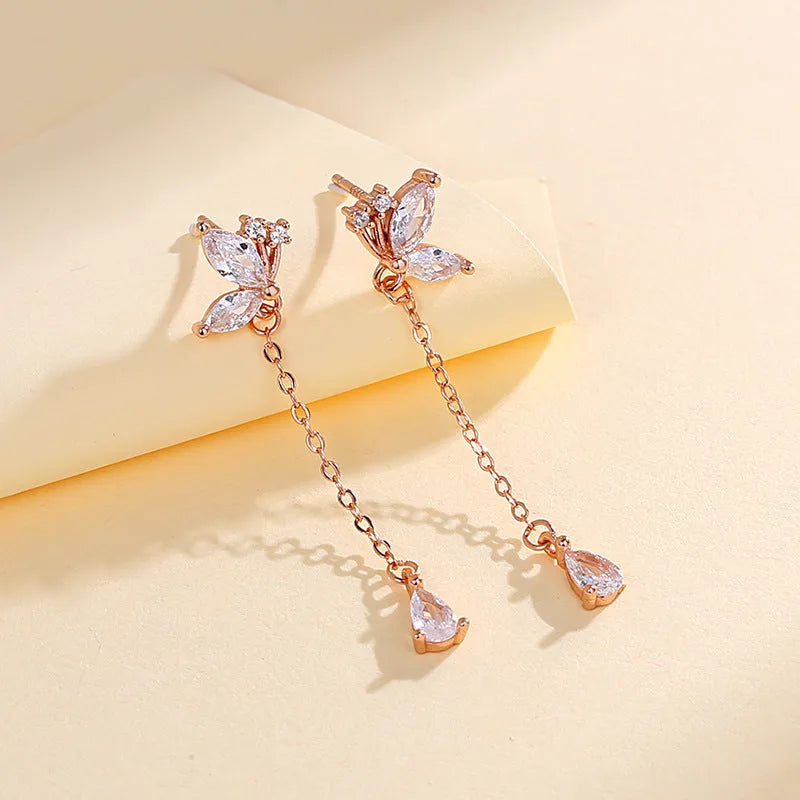 S925 silver butterfly zircon tassel earrings for women, long dangle design, silver colour