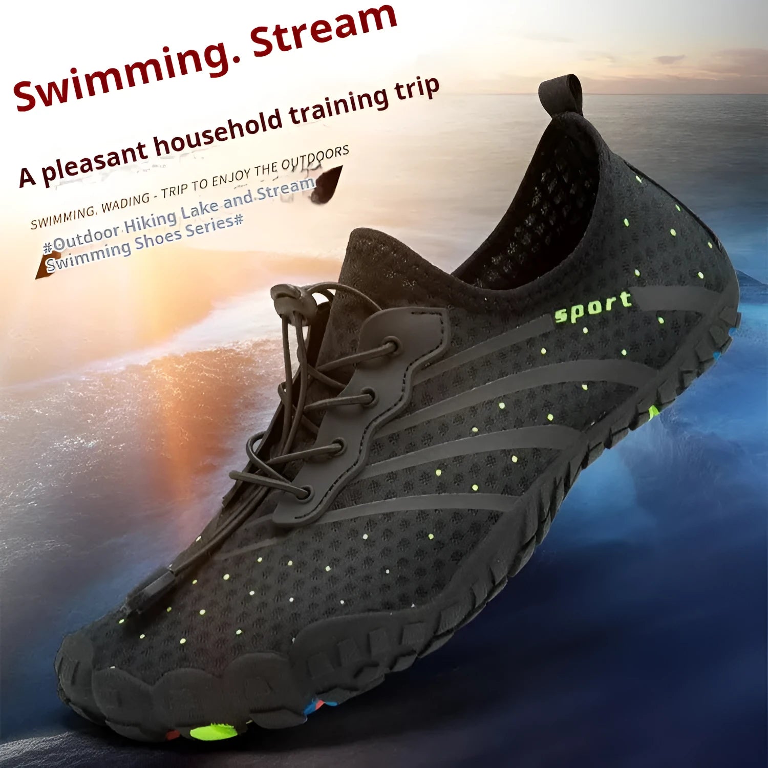 Low-top water shoes with mesh fabric upper and rubber sole for beach swimming and outdoor fitness