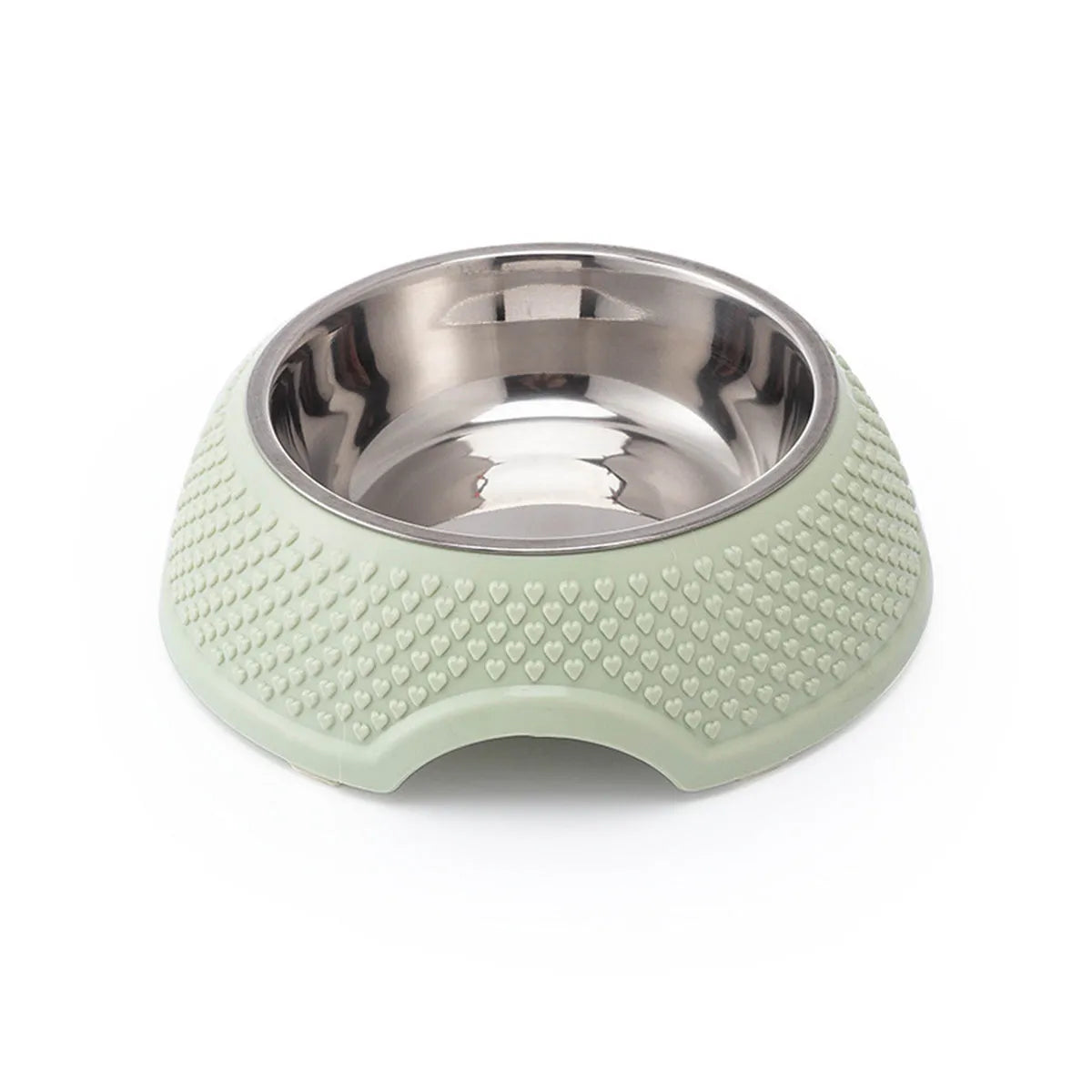 Set of four stainless steel pet bowls with coloured bases, shown from above.