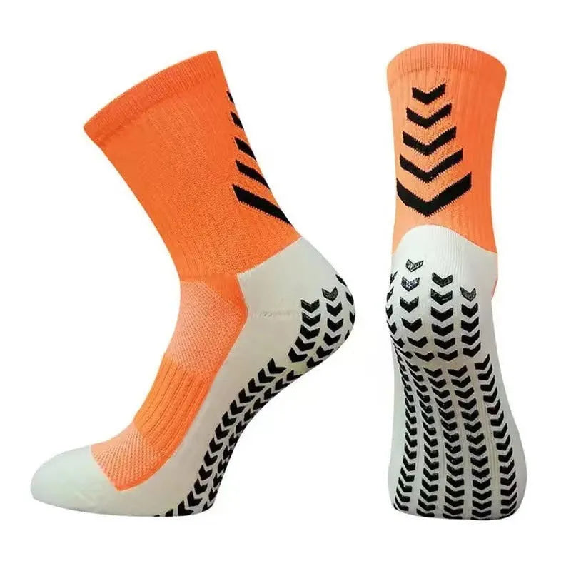 Men's mid-calf athletic socks with geometric patterns and silicone anti-slip grips