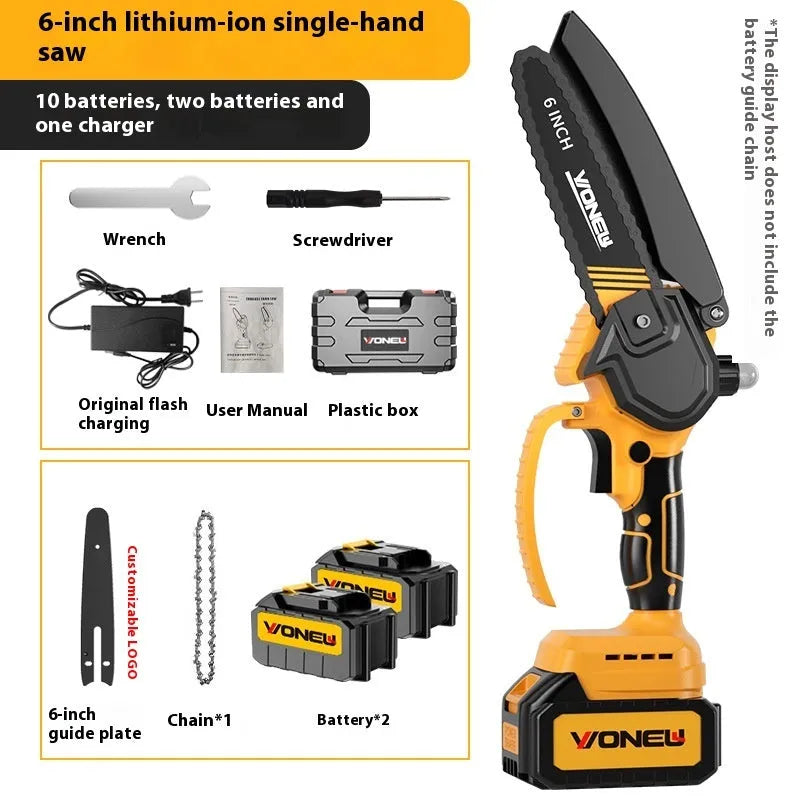 6-inch handheld household mini chainsaw with rechargeable lithium battery for garden pruning and wood cutting