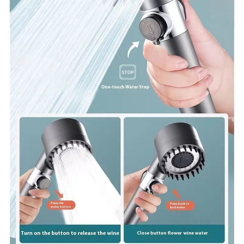 Portable ABS plastic shower head with three-setting dial for spray, massage, and rainfall modes.
