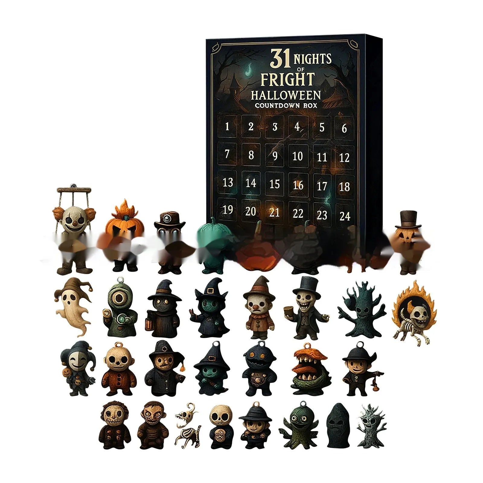 Halloween horror advent calendar blind box with window showing resin doll figure inside.