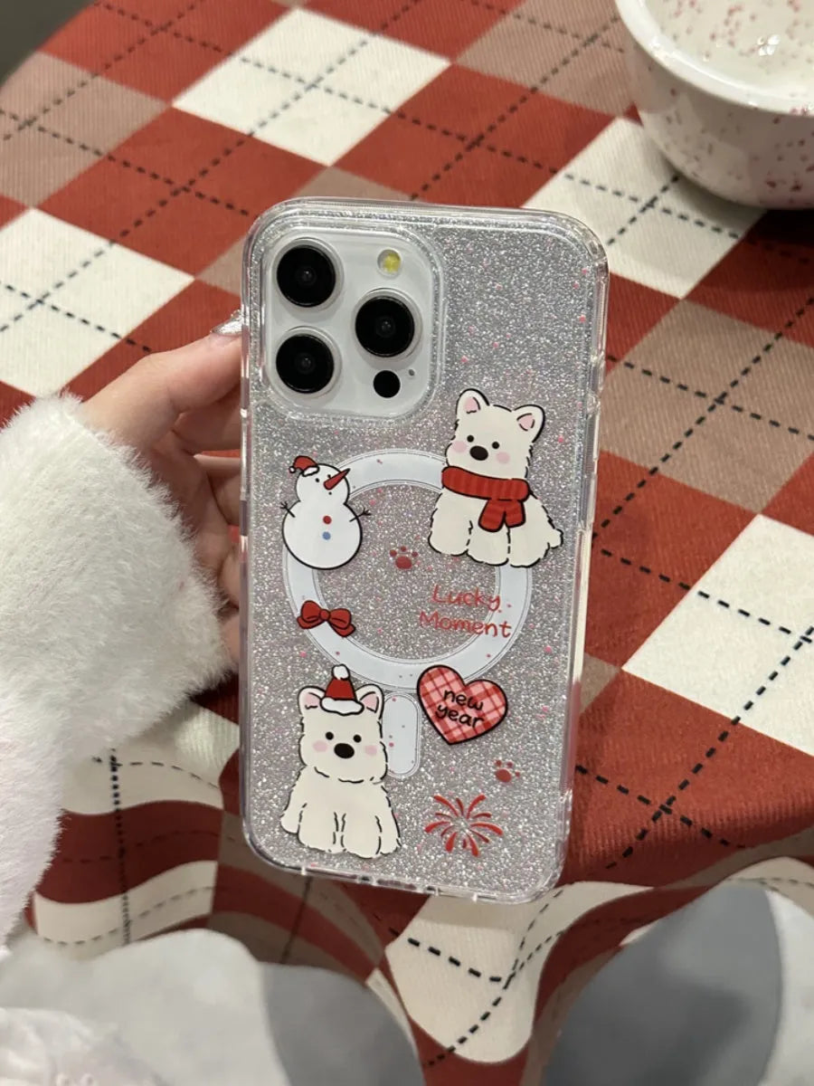 Red scarf dog cartoon silicone magnetic phone case for iPhone 15 Pro Max
