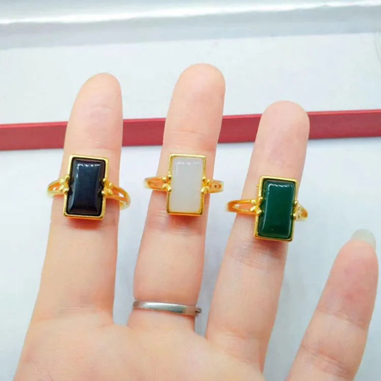 Adjustable brass gold-plated ring with electroplated finish showing gemstone inlay in national style design
