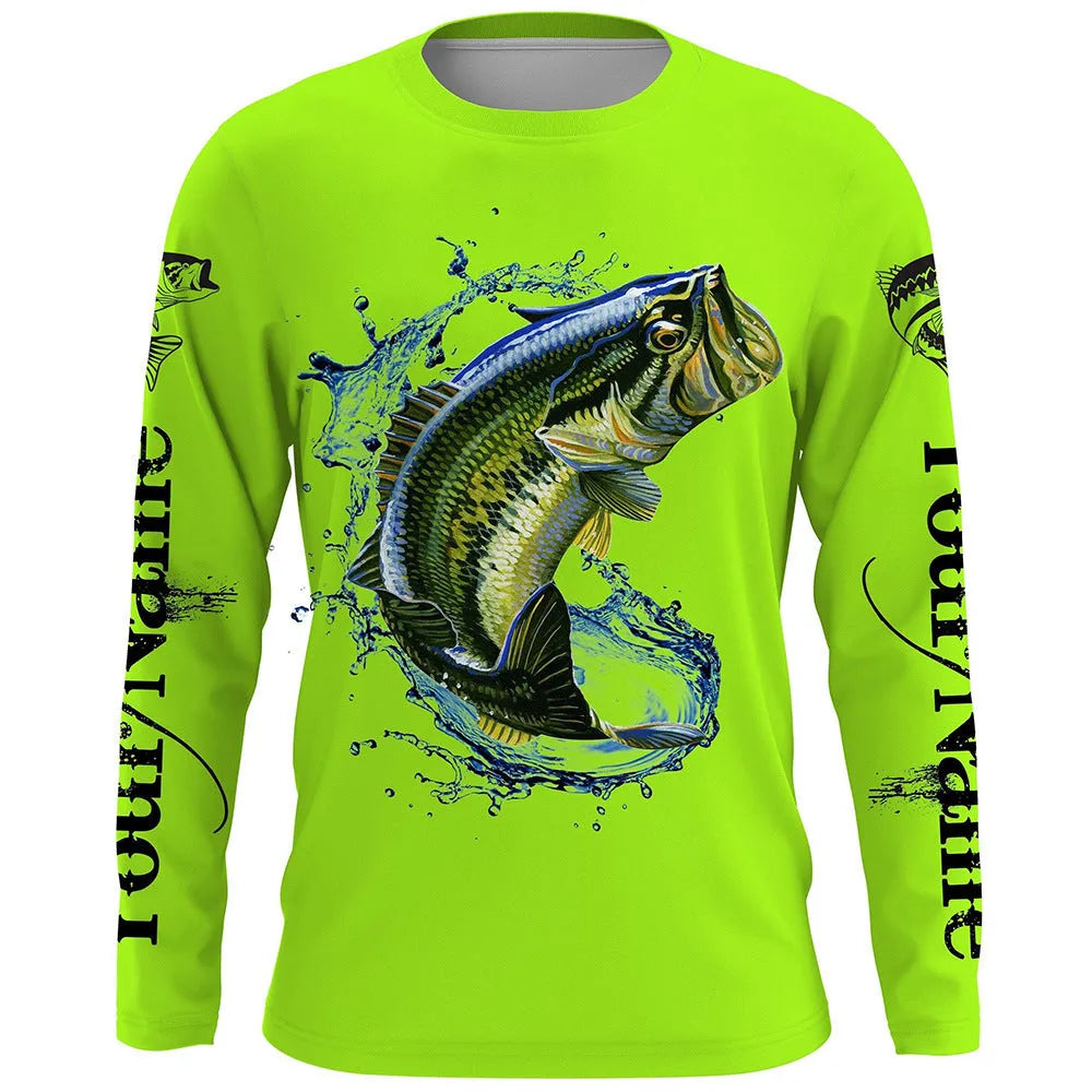Men's grey round neck pullover top with an all-over printed fish pattern on the front and sleeves.