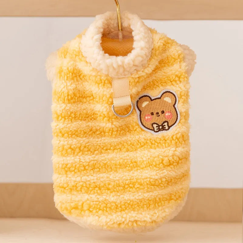 Warm striped lambskin fleece pet clothing with drawstring for small and medium dogs and cats, blue colour