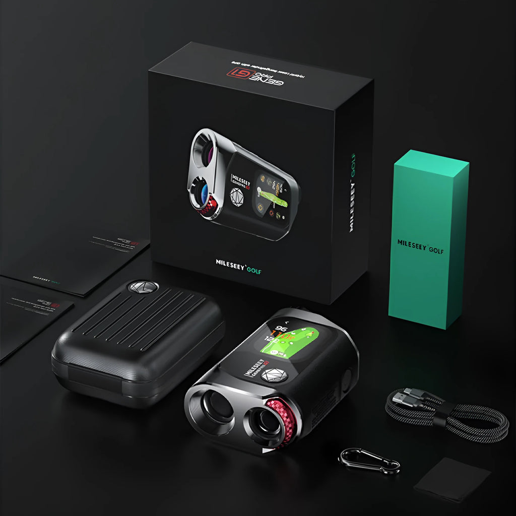 Black GenePro G1 golf GPS laser rangefinder with AMOLED touch screen shown in hand.