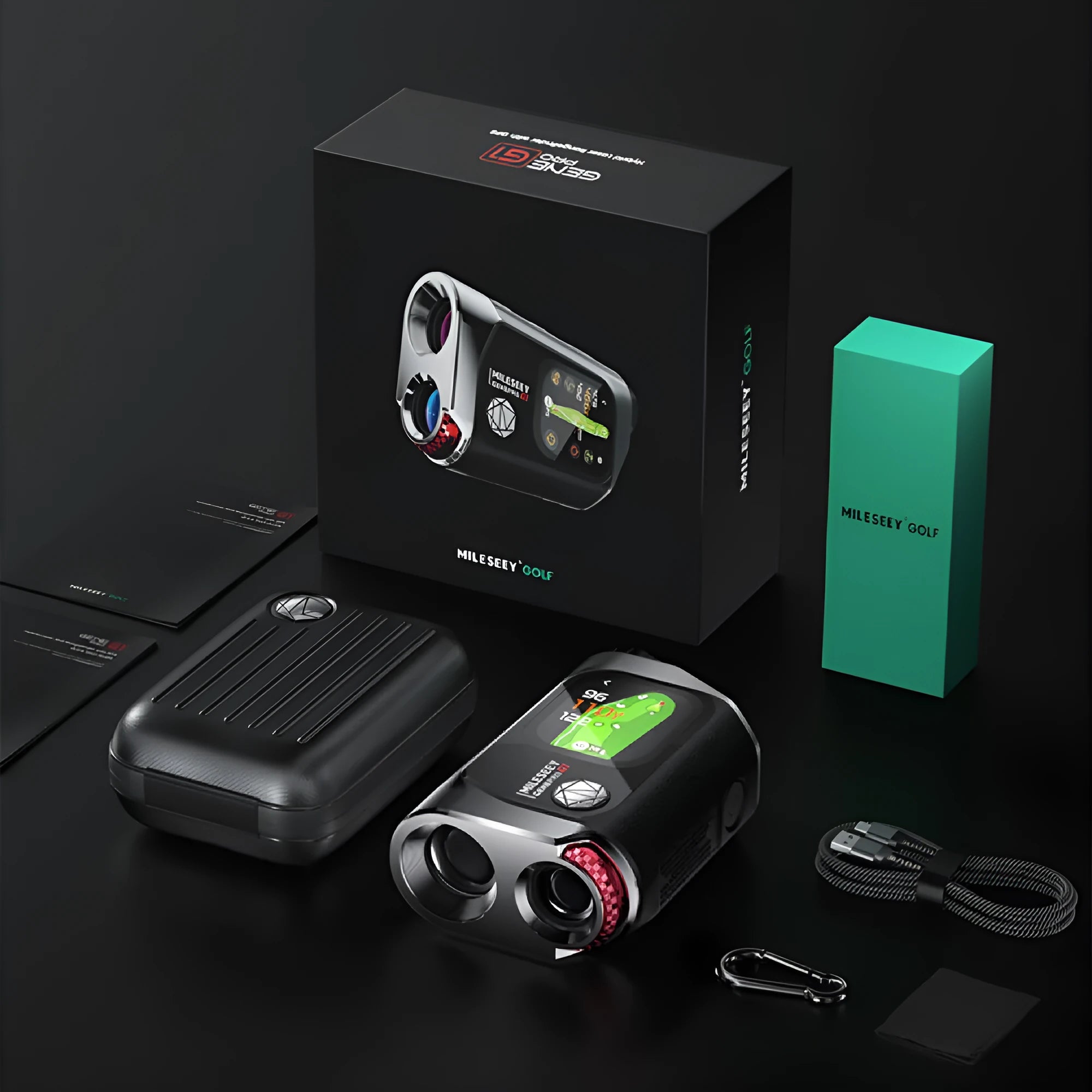 Black GenePro G1 golf GPS laser rangefinder with AMOLED touch screen shown in hand.