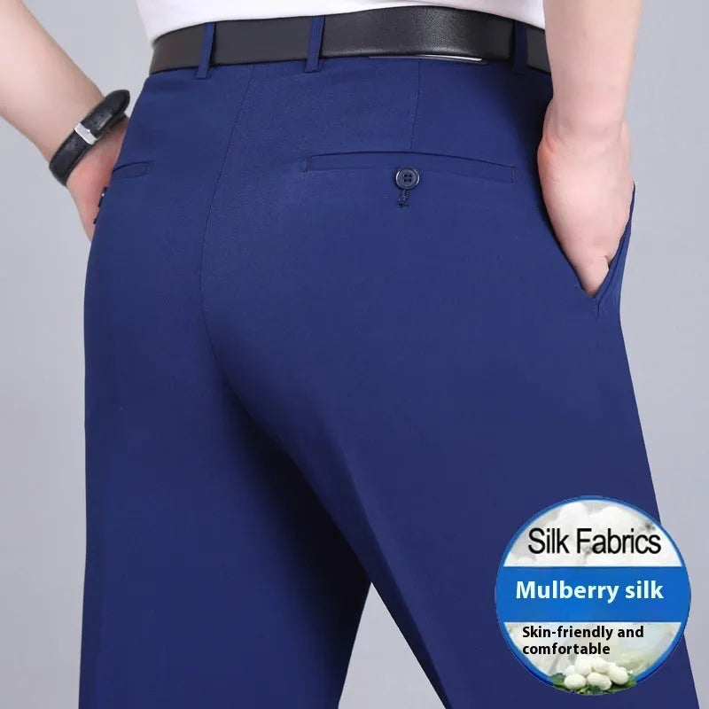 Men's straight leg formal trousers in a dark blue colour, showcasing the high waist and non-iron fabric blend.