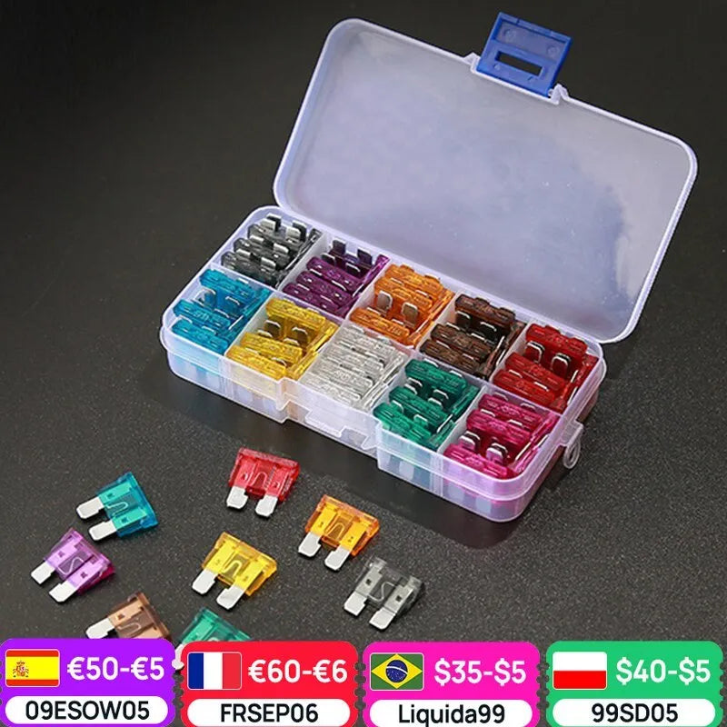Boxed car medium plug-in fuse set with 50 or 100 medium-speed fuses for automotive electronics